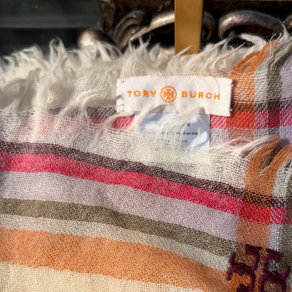 Tory Burch Cream and Pink Fringed Scarf - Picture 2 of 6